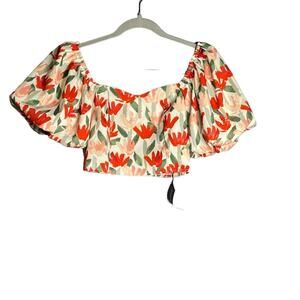 Shein Red White Floral Cropped Top Puff Sleeves Square Neck Medium